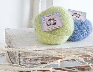 Image of new shades of Heirloom Mohair Mist knitting yarn - light green and blue