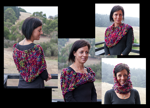 Collage of the La Rambla triangular wrap worn as a headscarf, scarf, shrug and wrap, knitting pattern available now