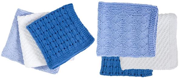 Image of the three designs for the Trio of Facewashers in 4ply: campanula stitch, 2 stitch check and pique diamonds knitting patterns