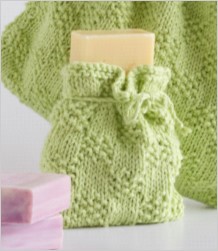 Image of the soap bag included in our Toiletries and Soap Bag knitting kit, including knitting pattern leaflet and pure cotton knitting yarn