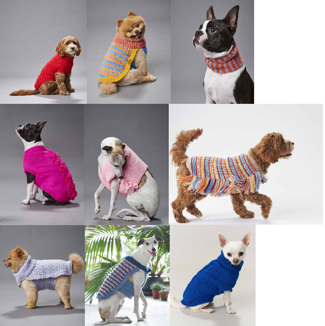 Patterns inside knitting pattern book Pooch Power from Heirloom and Panda yarns, 16 designs for dog of all shapes and sizes.