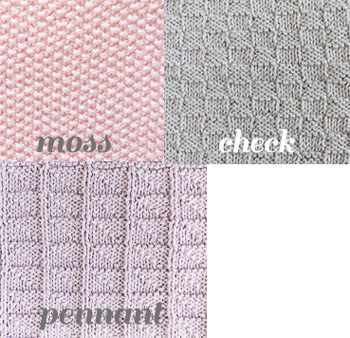 Styles of Face Washer: moss stitch, check and pennant stitch for our Trio Face Washer knitting kit