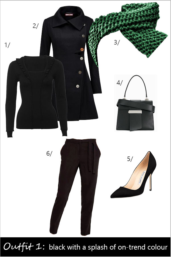 How to wear the new chunky merino scarf: outfit 1 black with a splash of ontrend colour inspiration ideas