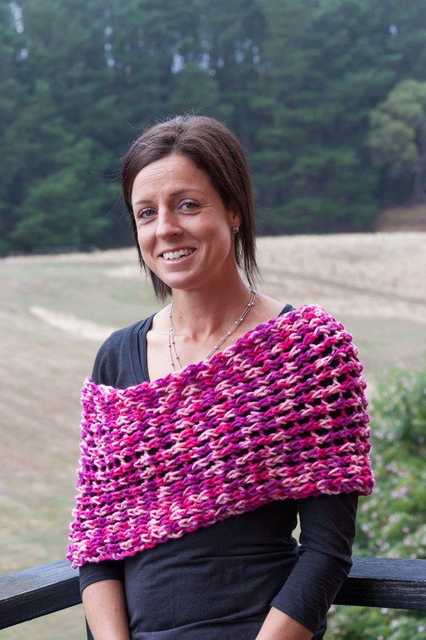Image of shrug knitted Fibra Natura Eden pink multi chunky knitting yarn