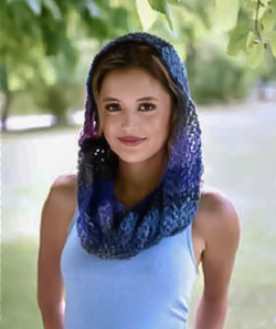 Image of our Silk Garden snood worn over the head